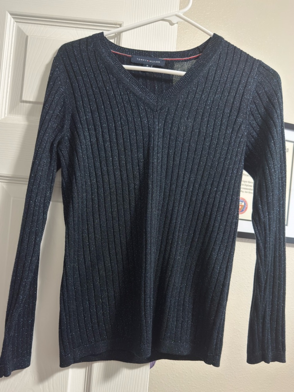 Tommy Hilfiger Women's Navy Sparkle Ribbed V-Neck Sweater